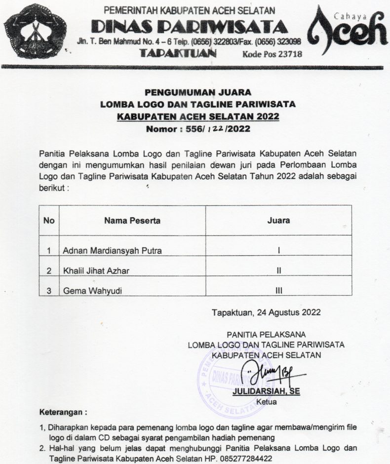 Pengumuman Pemenang Lomba Logo Dan Tagline Pariwisata Kab Aceh Selatan